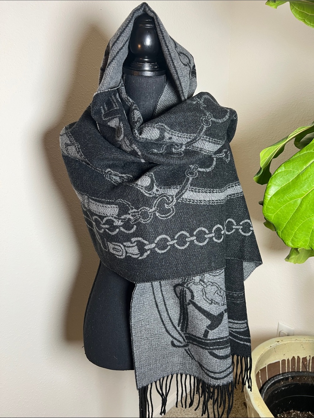 Ralph Lauren Unisex Black Gray Equestrian Belting-Motif Jacquard Wrap Scarf NEW